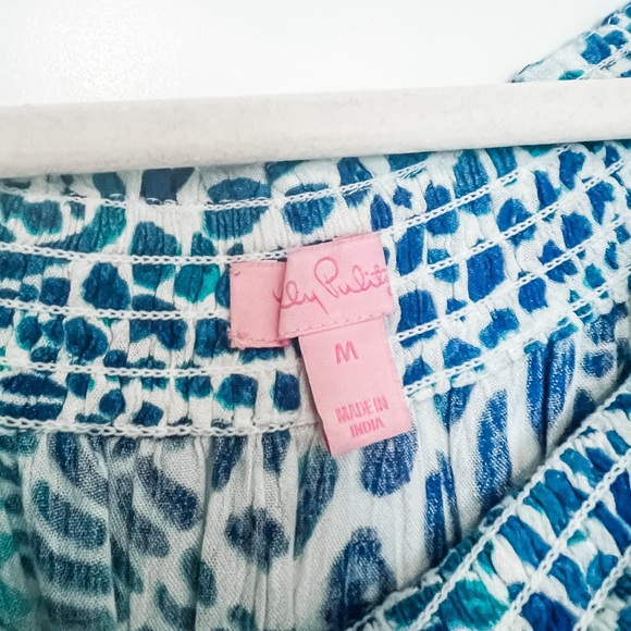 Lilly Pulitzer Off the Shoulder Nita Blue and White Pom Pom Bell Sleeve Top - Picture 4 of 8